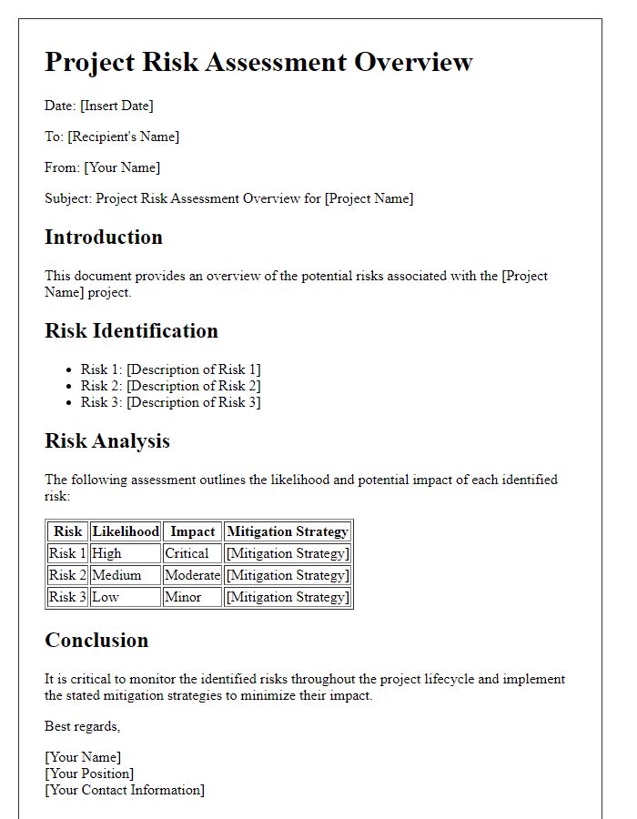 Letter template of project risk assessment overview