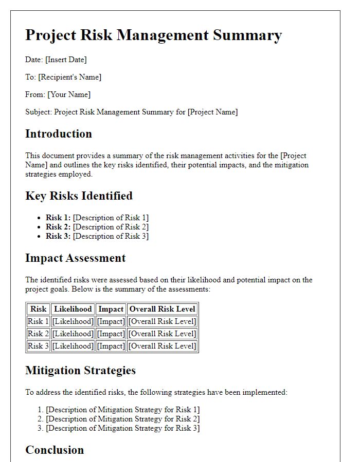 Letter template of project risk management summary