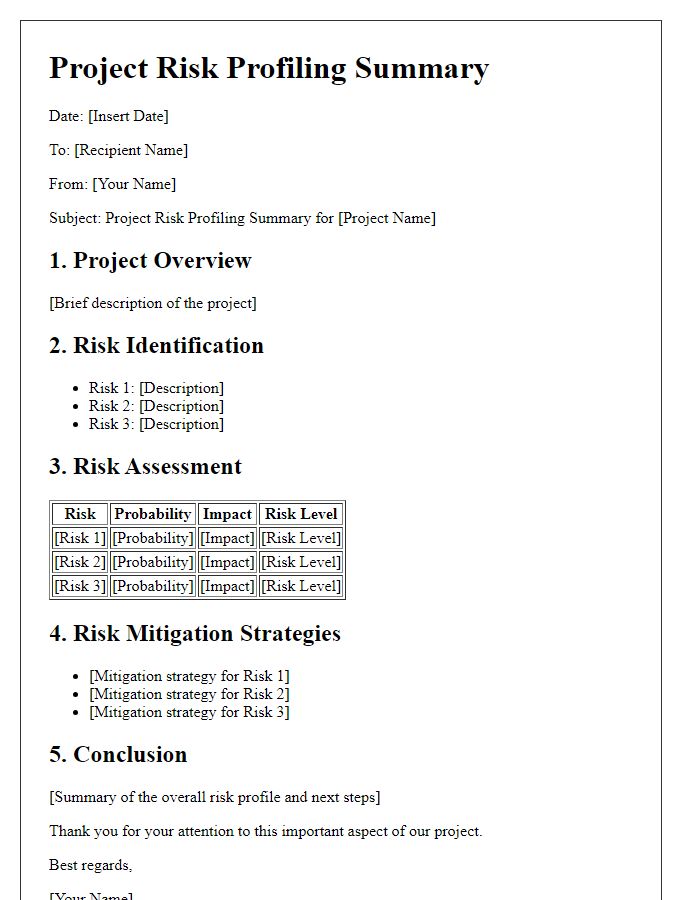 Letter template of project risk profiling summary