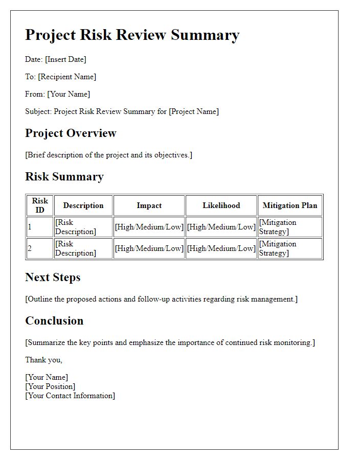 Letter template of project risk review summary