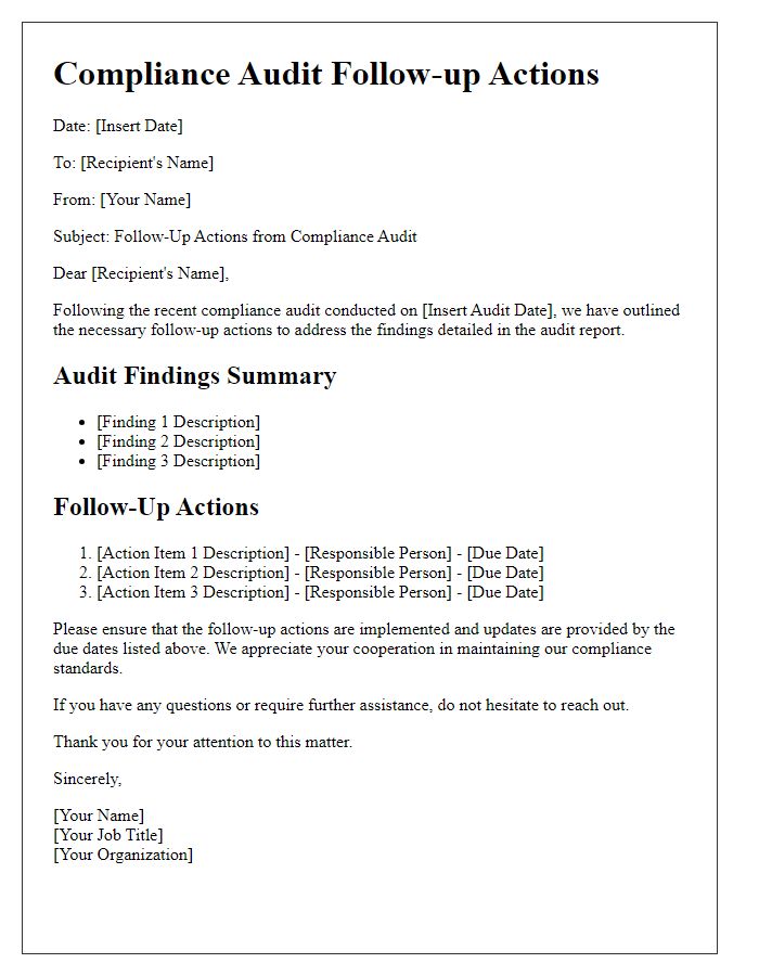 Letter template of compliance audit follow-up actions