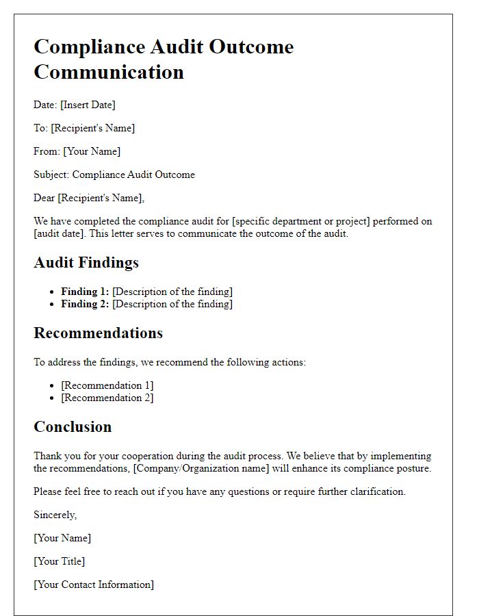 Letter template of compliance audit outcome communication