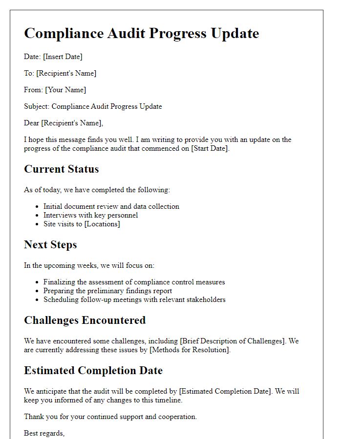 Letter template of compliance audit progress update