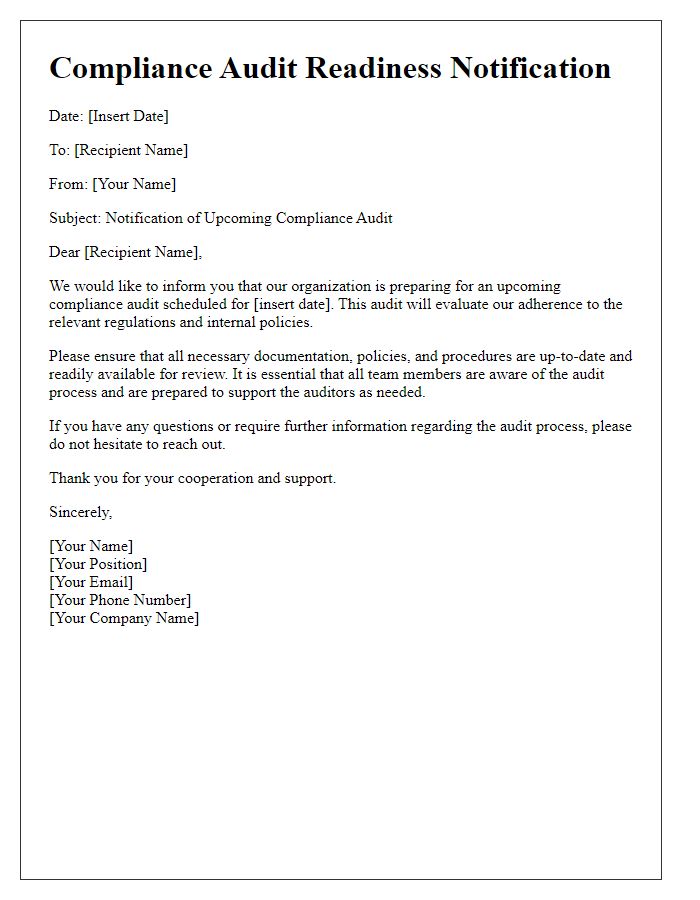 Letter template of compliance audit readiness notification