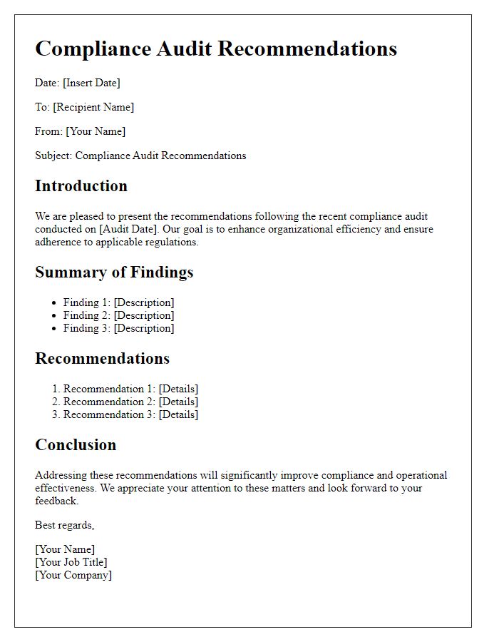 Letter template of compliance audit recommendations presentation