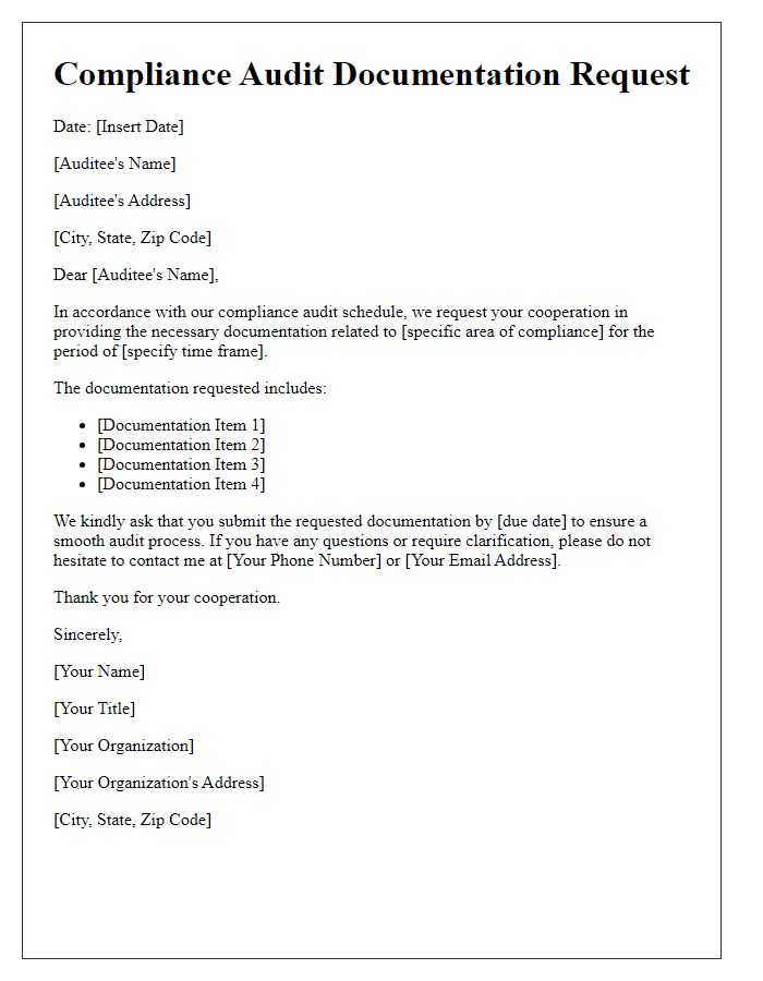 Letter template of compliance audit request for documentation