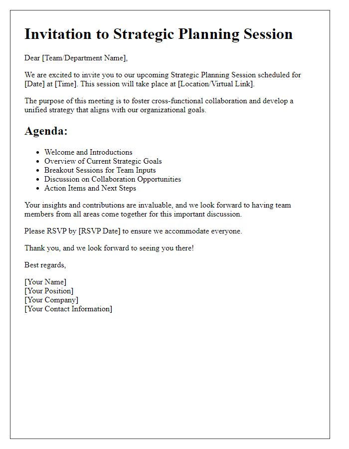 Letter template of strategic planning session invitation for cross-functional collaboration