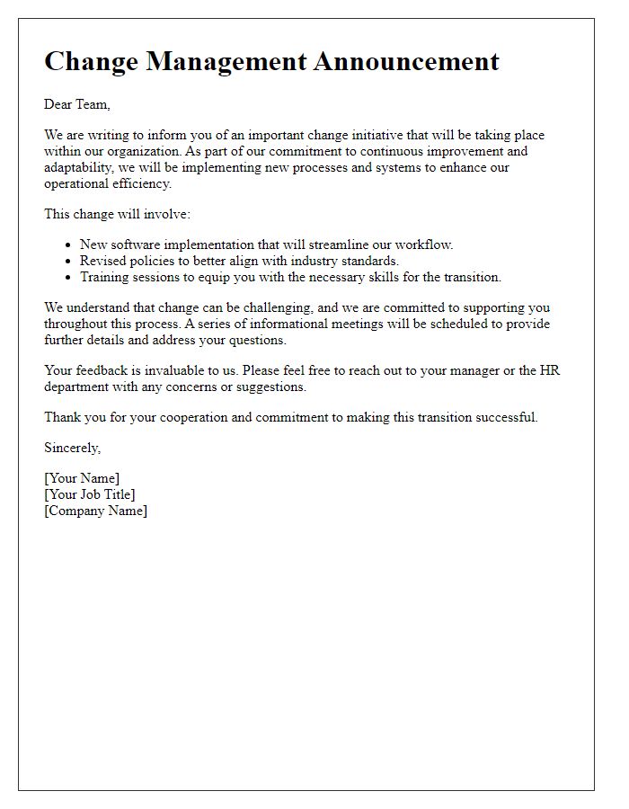 Letter template of change management announcement for employees