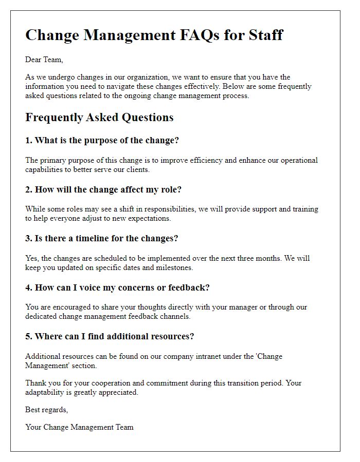 Letter template of change management FAQs for staff