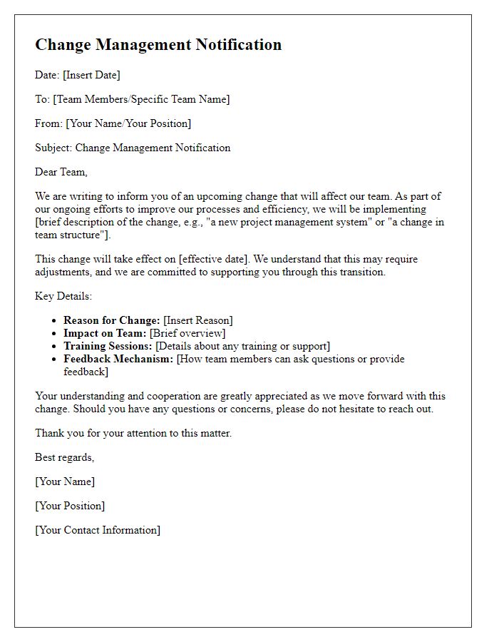 Letter template of change management notification for team members