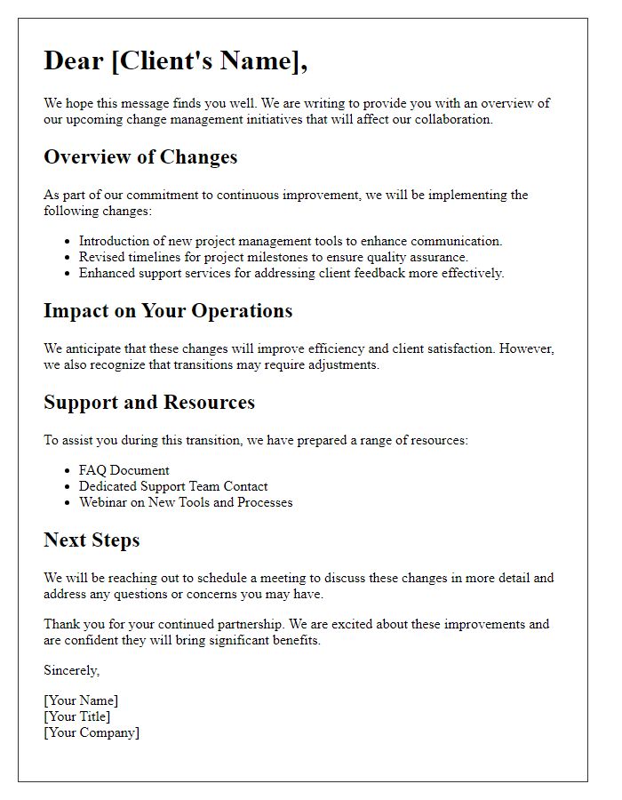 Letter template of change management overview for clients