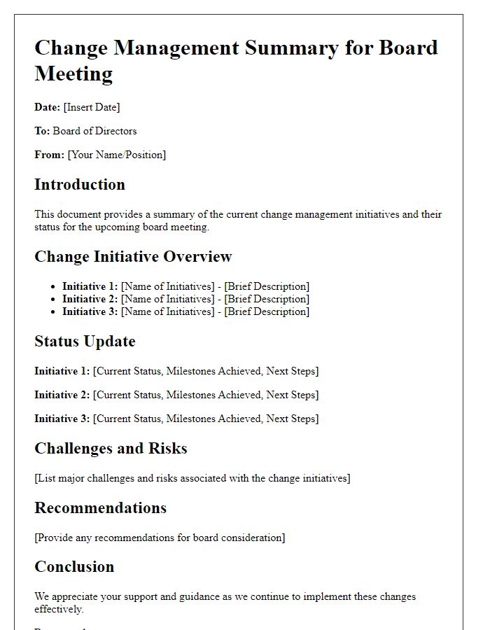 Letter template of change management summary for board meetings