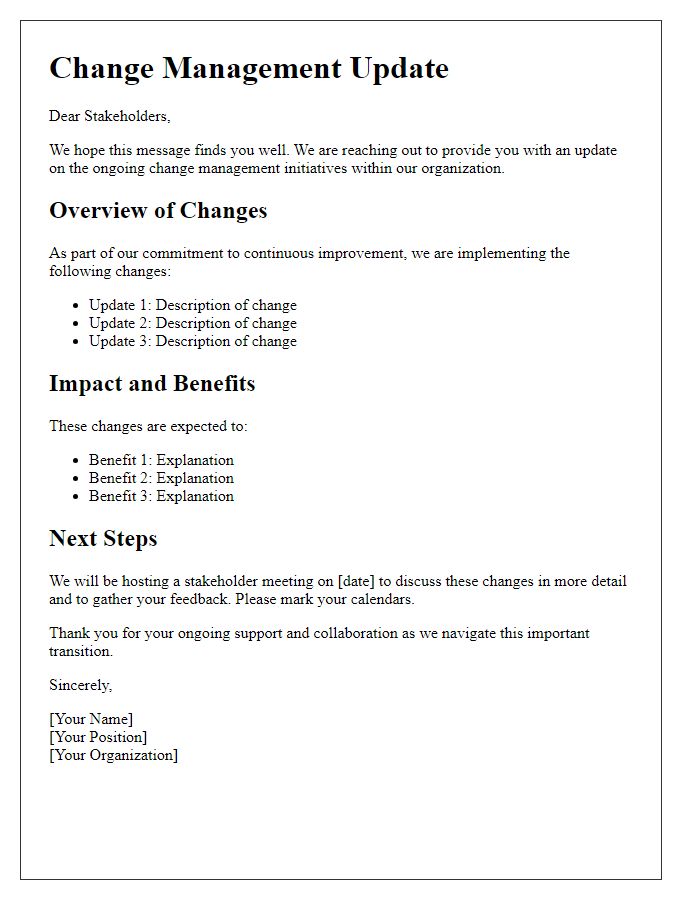 Letter template of change management update for stakeholders