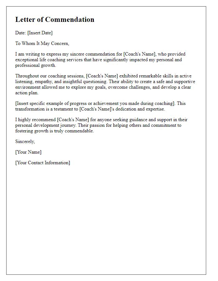 Letter template of commendation for life coaching experience