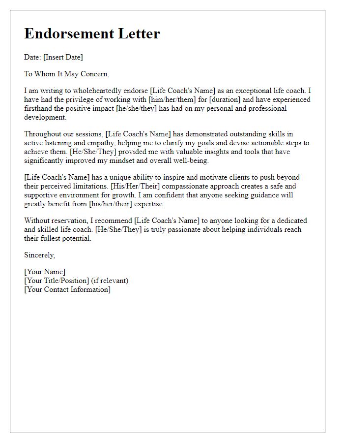 Letter template of endorsement for a life coach