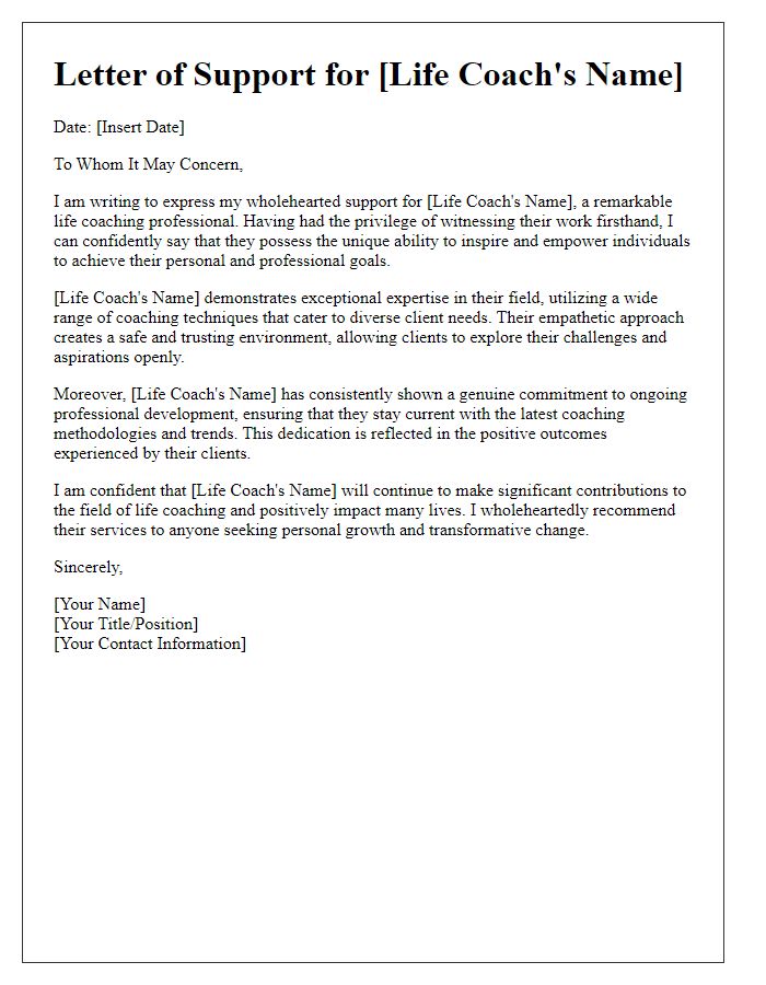 Letter template of support for a life coaching professional