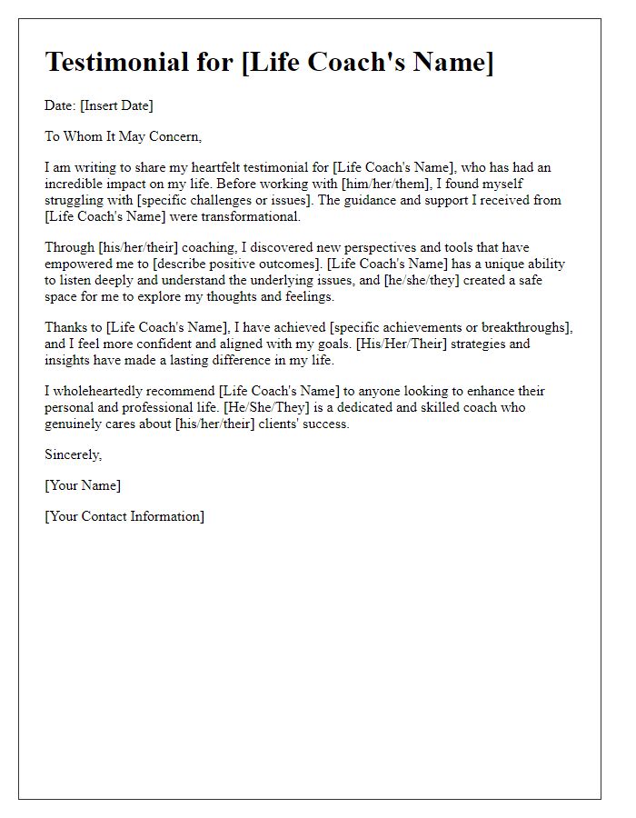 Letter template of testimonial for a life coach's impact