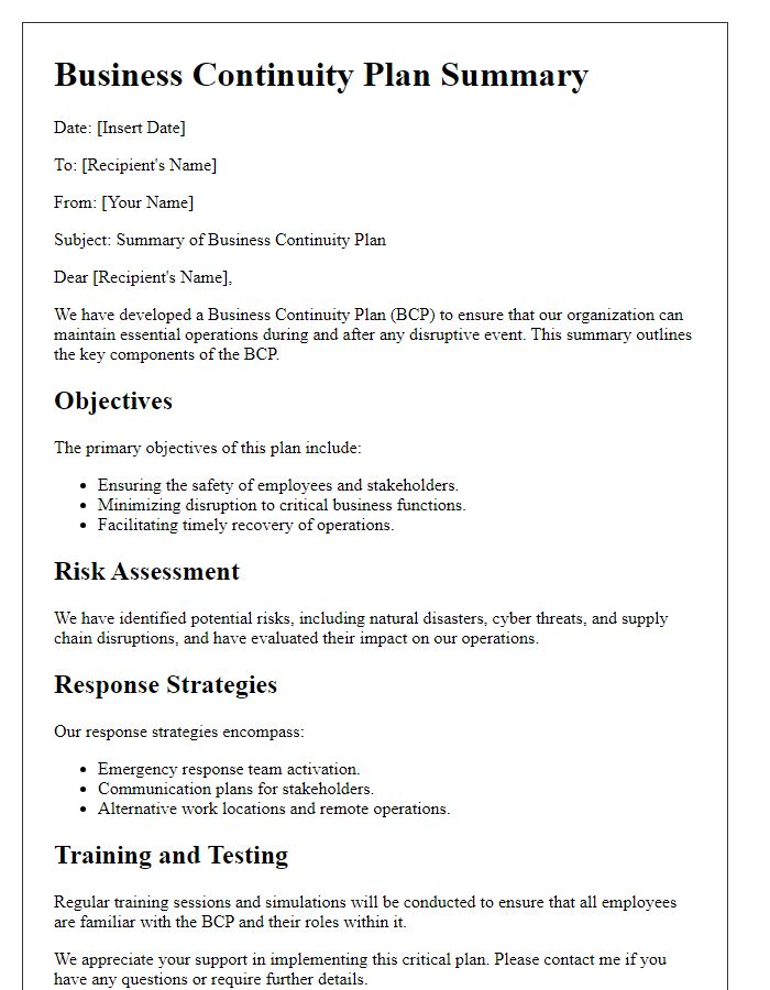 Letter template of a Business Continuity Plan Summary