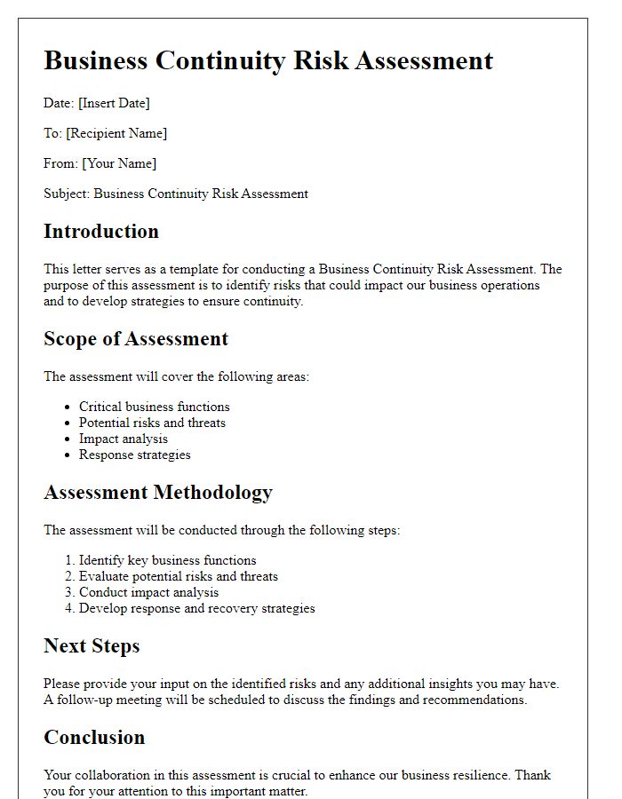 Letter template of Business Continuity Risk Assessment