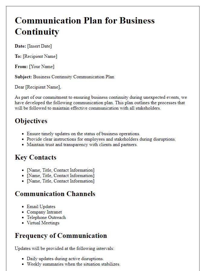 Letter template of Communication Plan for Business Continuity