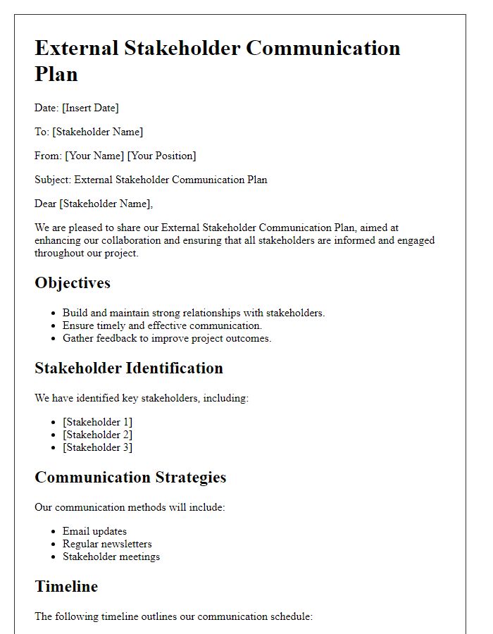 Letter template of External Stakeholder Communication Plan