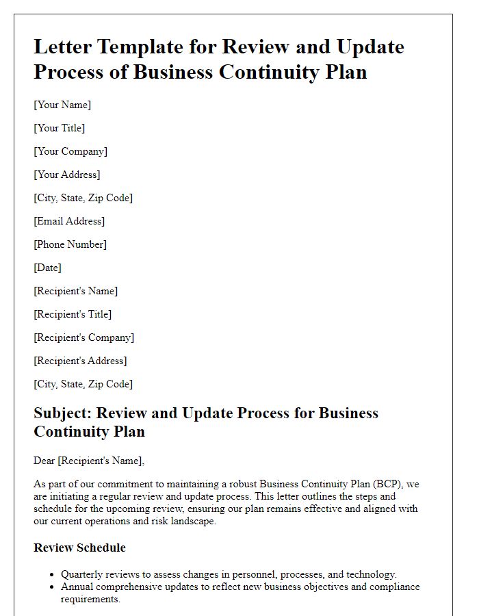 Letter template of Review and Update Process for Business Continuity Plan