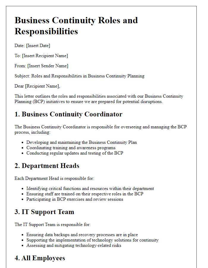 Letter template of Roles and Responsibilities in Business Continuity