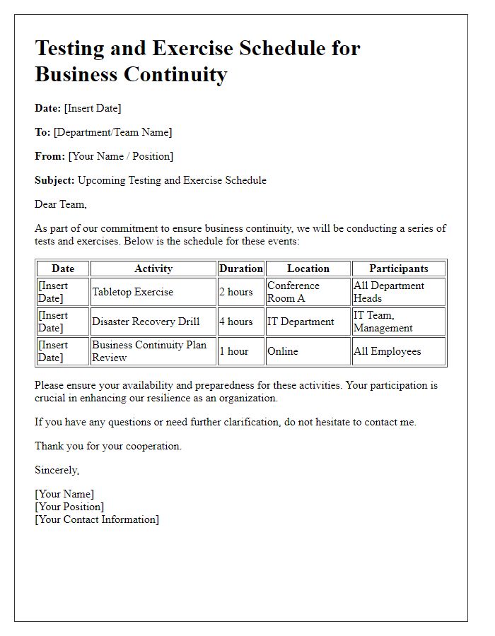 Letter template of Testing and Exercise Schedule for Business Continuity