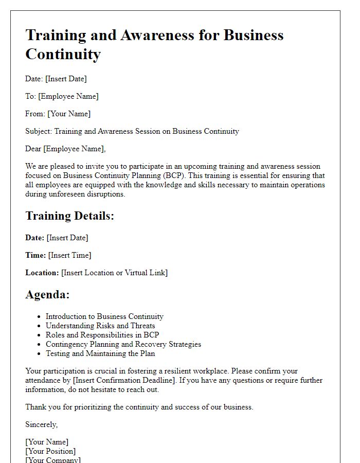 Letter template of Training and Awareness for Business Continuity