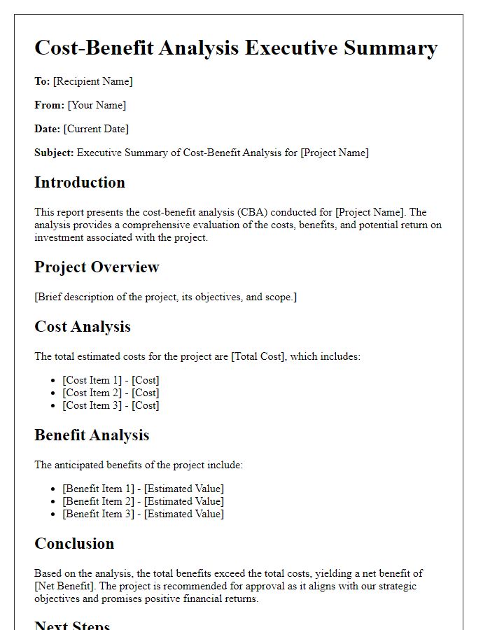 Letter template of cost-benefit analysis executive summary