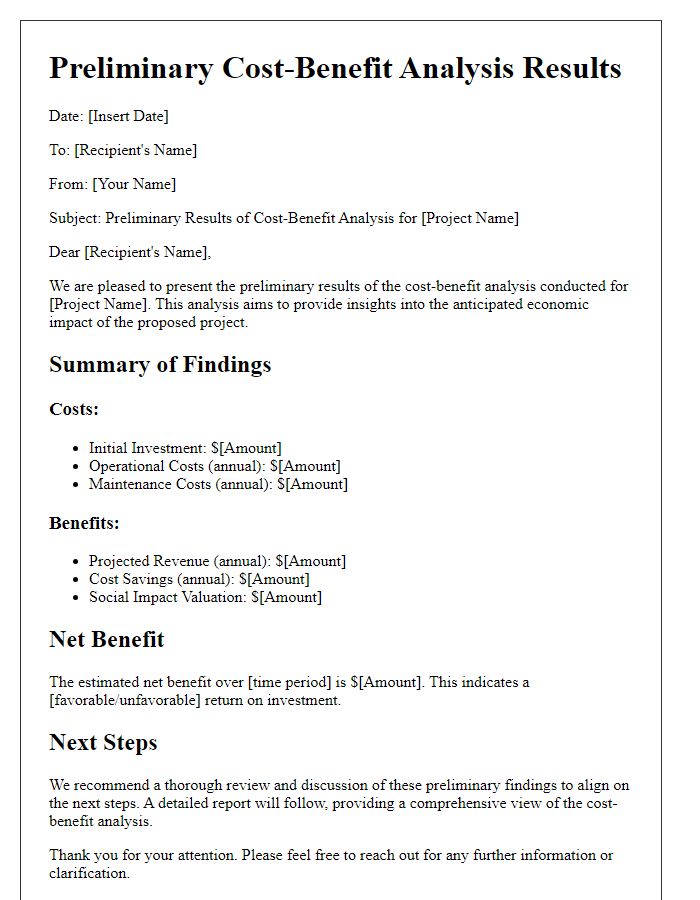 Letter template of preliminary cost-benefit analysis results