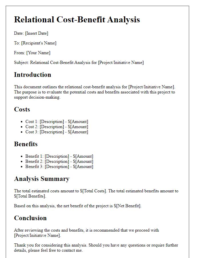 Letter template of relational cost-benefit analysis document