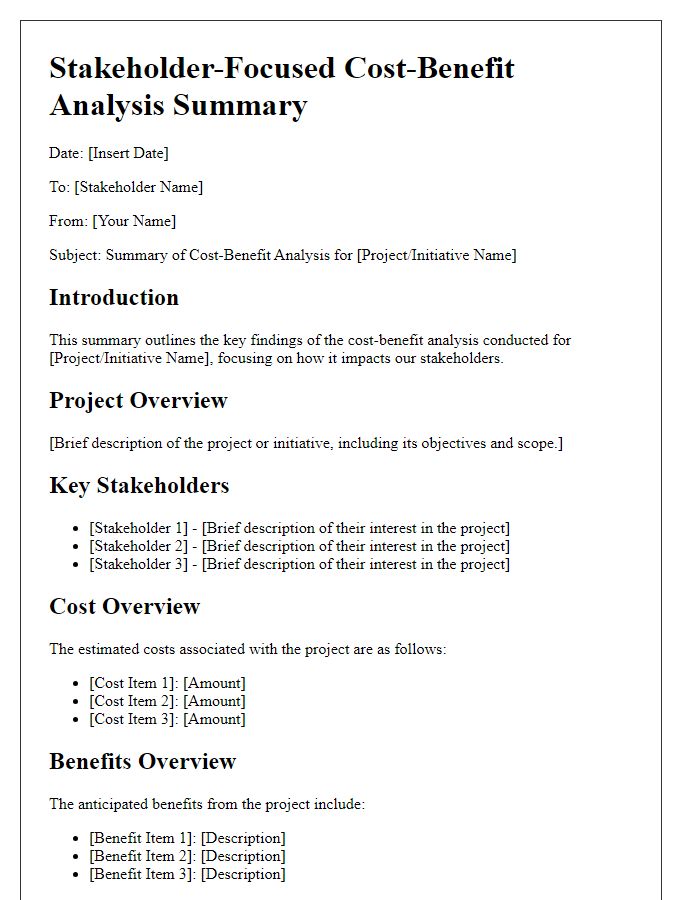 Letter template of stakeholder-focused cost-benefit analysis summary