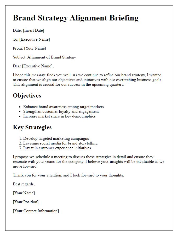 Letter template of brand strategy alignment for executive briefing