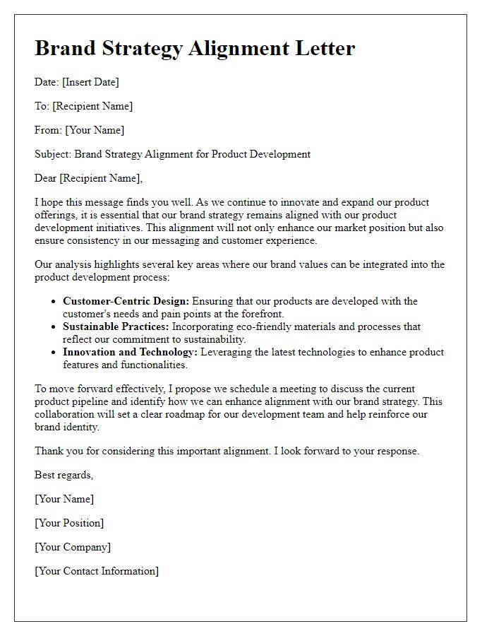 Letter template of brand strategy alignment for product development strategy