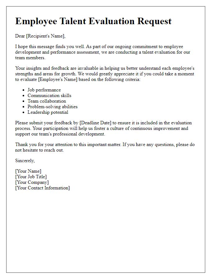 Letter template of employee talent evaluation solicitation.