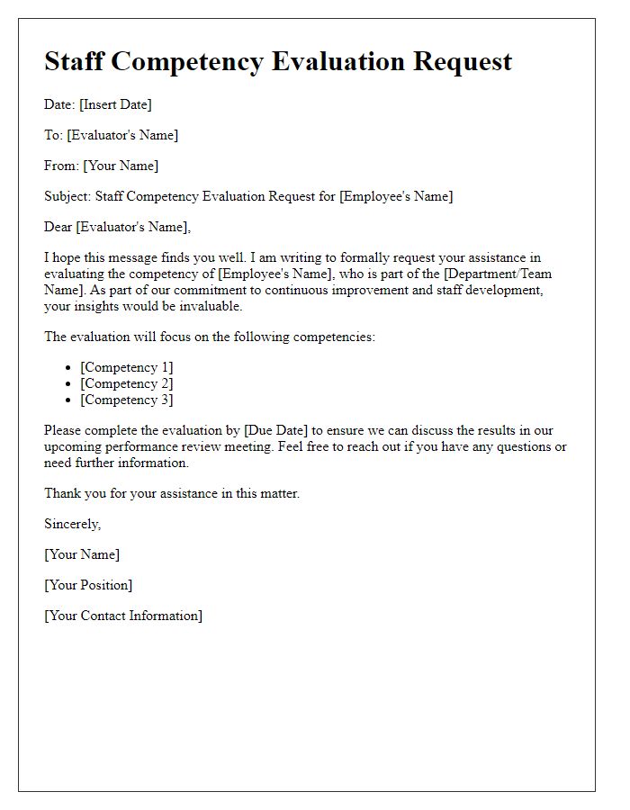 Letter template of staff competency evaluation request.