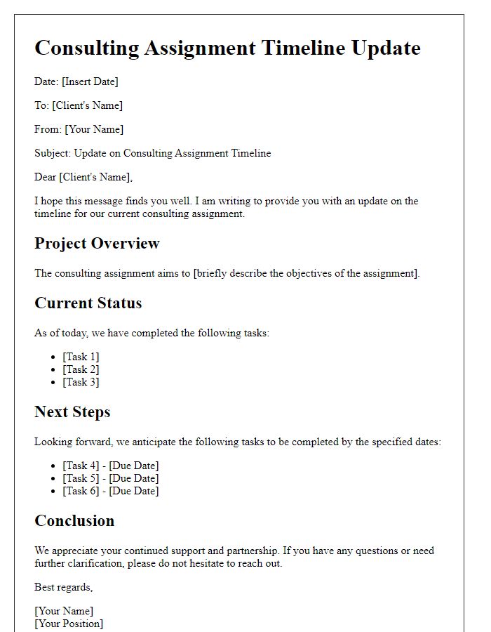 Letter template of consulting assignment timeline update