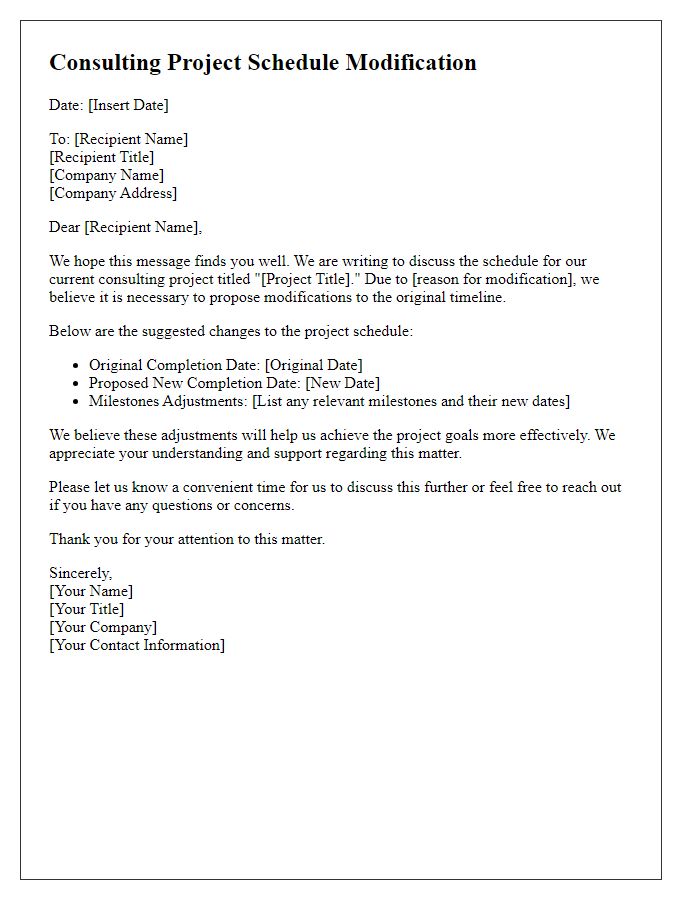 Letter template of consulting project schedule modification