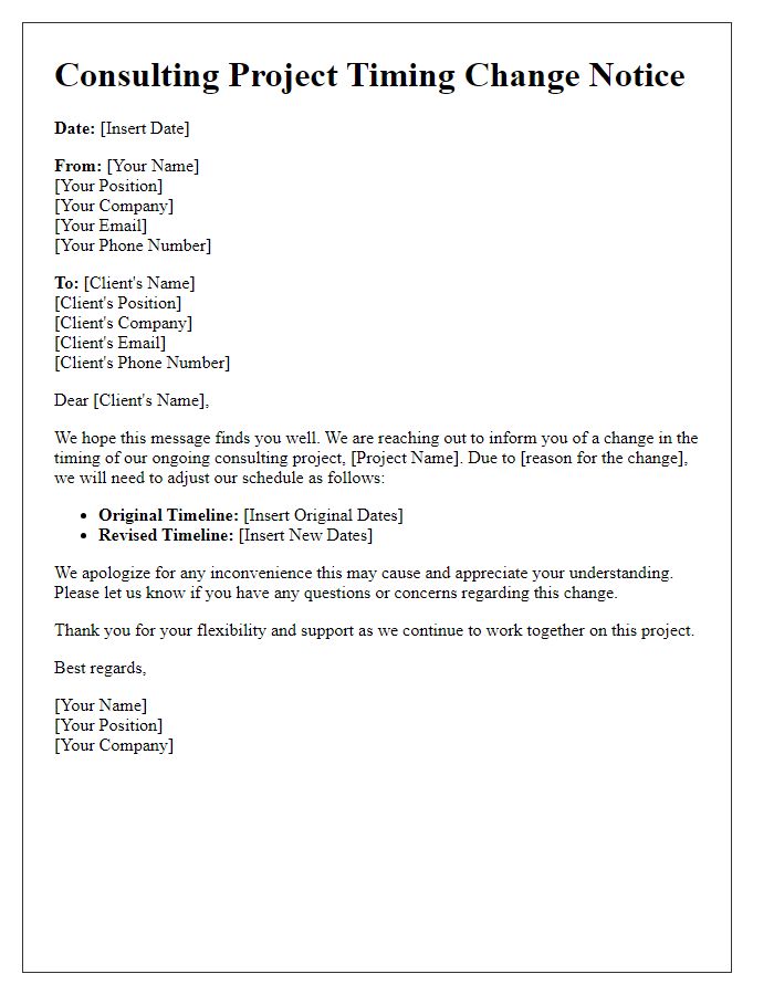 Letter template of consulting project timing change notice