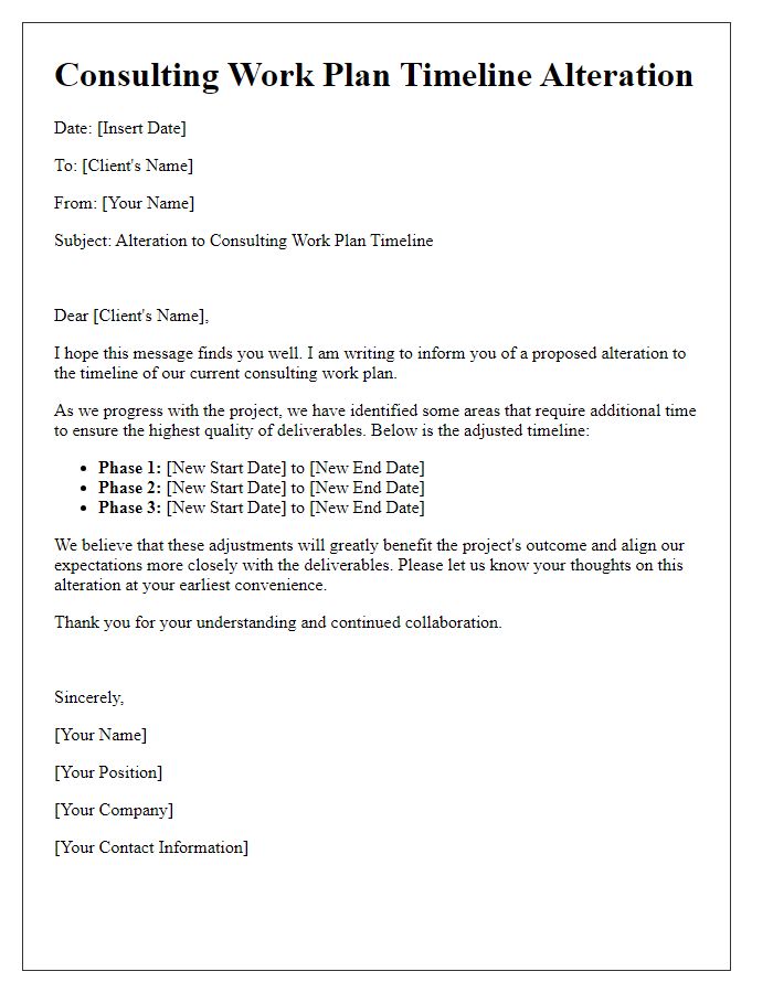 Letter template of consulting work plan timeline alteration