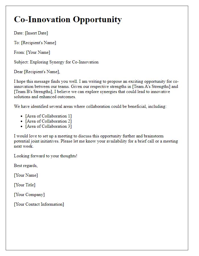 Letter template of co-innovation opportunity for synergy exploration between teams