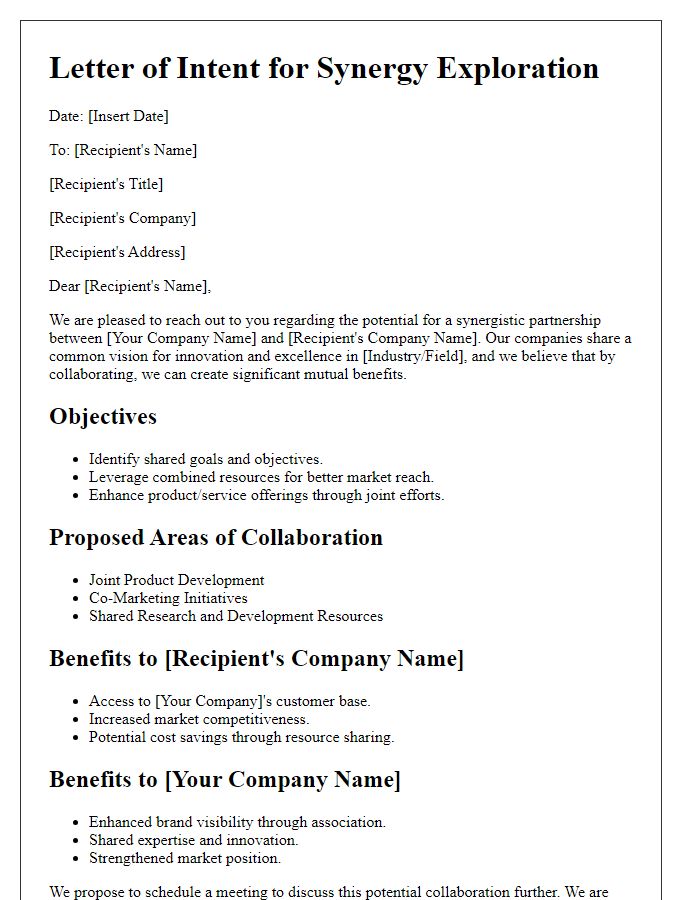 Letter template of mutual benefits outline for synergy exploration between corporates