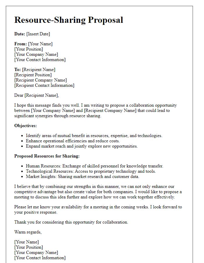 Letter template of resource-sharing proposal for synergy exploration between companies