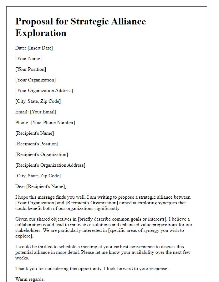 Letter template of strategic alliance request for synergy exploration between organizations