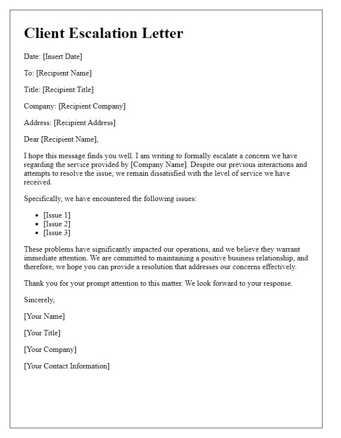 Letter template of client escalations addressing service dissatisfaction