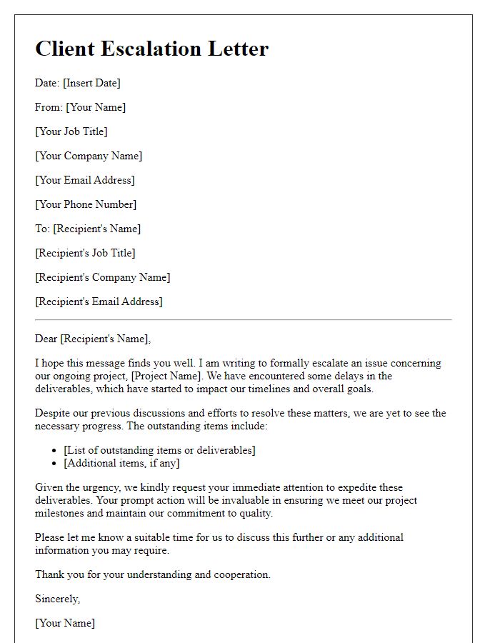 Letter template of client escalations to expedite project deliverables