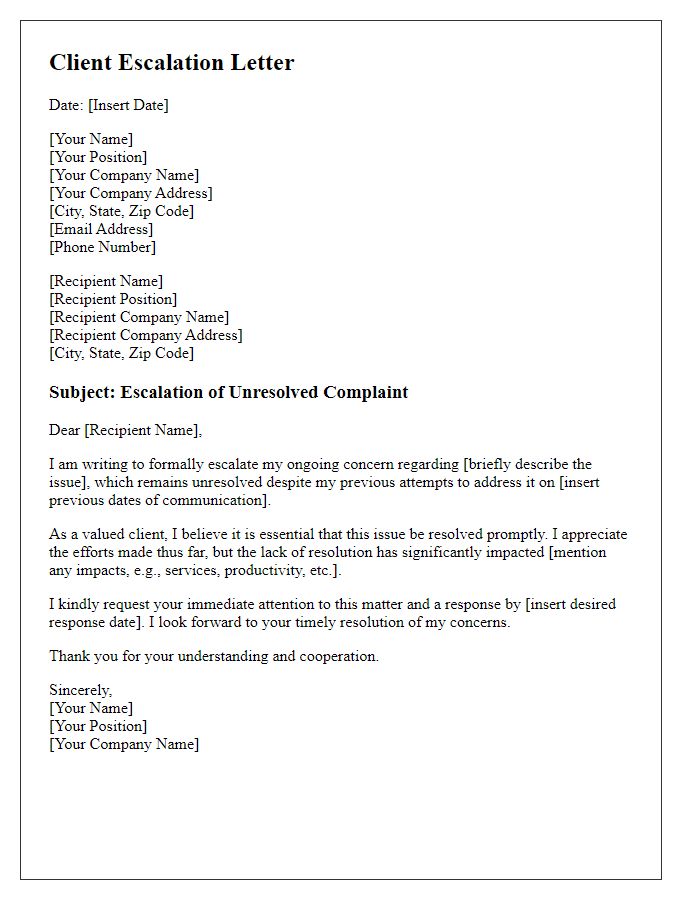 Letter template of client escalations in response to unresolved complaints