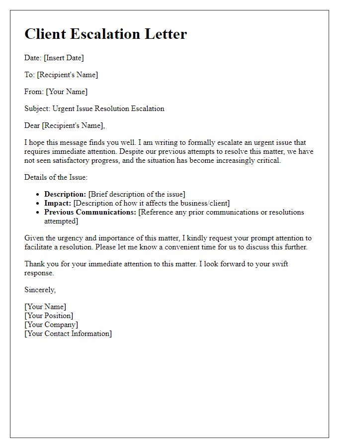 Letter template of client escalations for urgent issue resolutions