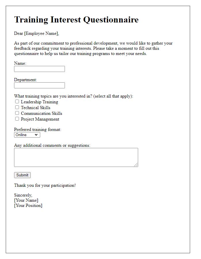 Letter template of training interest questionnaire